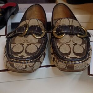 Coach Brown Leather and Tan Jacquard Signature PaLoafers with Gold Double Buckle